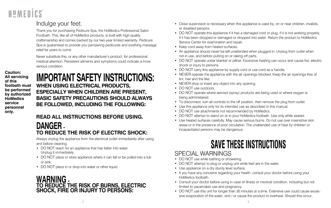 HoMedics HL-300 instruction manual IMPORTANT SAFETY Instructions, Indulge your feet, Special Warnings 